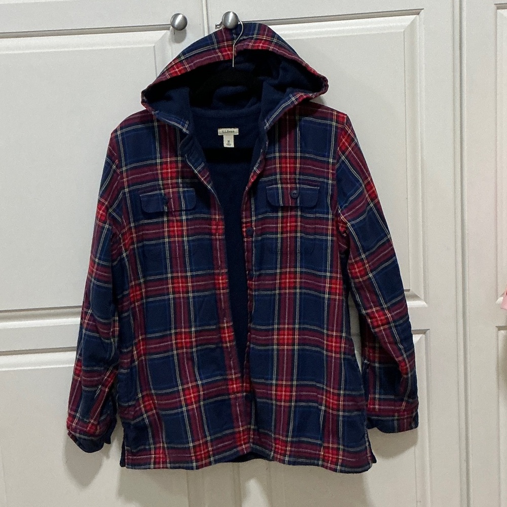 L.L. Bean Red and Blue Plaid women’s fleece-lined long sleeve top